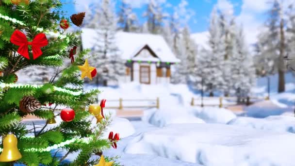 Primer Plano Del Árbol Navidad Aire Libre Decorado Con Luces — Vídeos de Stock