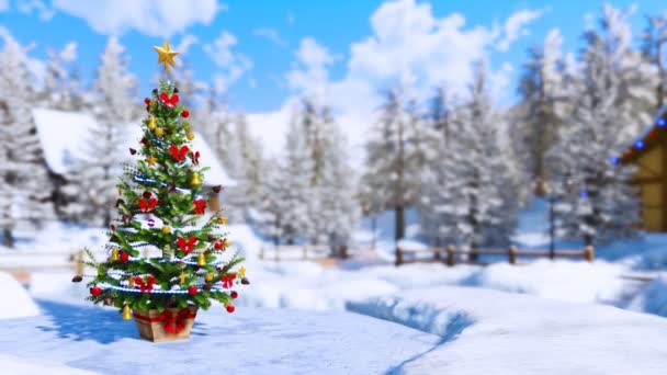 Outdoor Christmas Tree Decorated Blinking Lights Garland Shiny Baubles Blurred — Stock Video