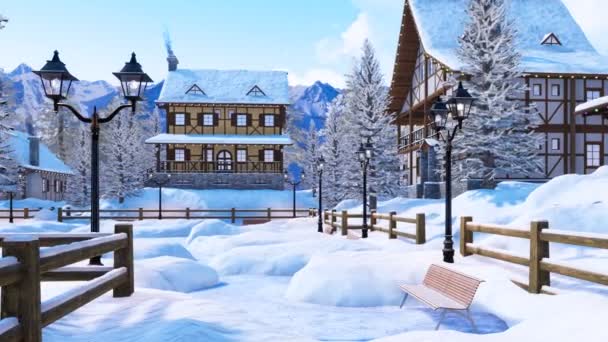 Mysiga Snötäckta Europeiska Township Hög Snöiga Alpina Berg Med Traditionella — Stockvideo