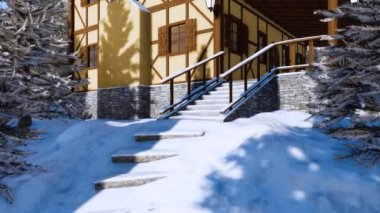 Kar, soğuk kış gününde geleneksel Avrupa yarı ahşap kırsal ev alp köyü girişi üzerine adımları ele. 4 k'dan fazla işlenen insanlar 3d animasyon ile