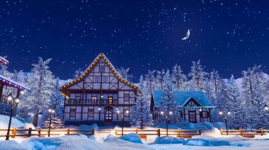 Rüya gibi kış manzarası ile rahat yarı ahşap kırsal konutlarında grubunu alp dağ köyü sakin yıldızlı gece, karla kaplı çam ağaçları arasında. 3d render dosyamın 3D çizim.