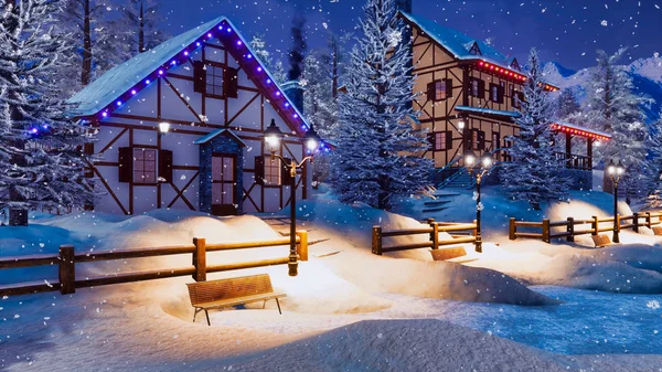 Gemütliches Schneebedecktes Alpendorf Hoch Den Bergen Mit Fachwerkhäusern Und Weihnachtsbeleuchtung — Stockfoto