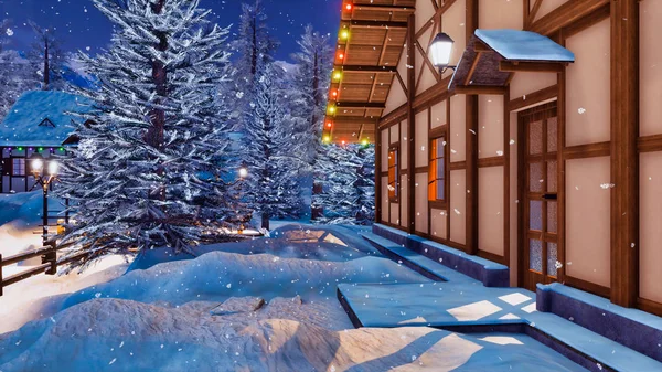 Sneeuw Bedekt Ingang Van Verlichte Landelijke Vakwerkhuis Alpine Bergdorp Winternacht — Stockfoto