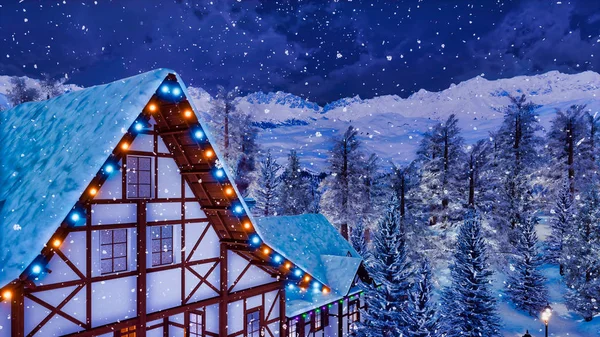 雪の屋根付きの屋上と冬の夜の降雪でアルプス山脈の高いクリスマス イルミネーションに照らされた木骨造りのヨーロッパ農村の家の屋根裏部屋 私自身の レンダリングのファイルから イラスト — ストック写真
