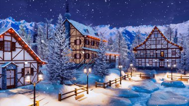Rahat kar kar yağışı sırasında kış geceleri alp dağ town geleneksel yarı ahşap kırsal evleri ve Noel ışıkları ile kaplı. 3d render dosyamın yok insanlar 3d çizim-ile.