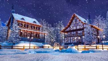 Geleneksel Avrupa yarı ahşap evleri ve kar yağışı kış gecesi Noel ışıkları ile rahat grubunu alp dağ kasabası. 3d render dosyamın yok insanlar 3d çizim-ile.