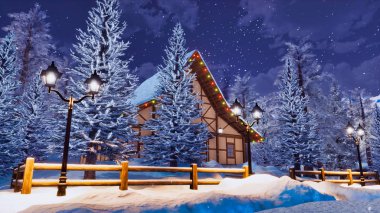 Rüya gibi kış manzara rahat grubunu yarı ahşap kırsal ev kar arasında çam ağaçları yüksek Alp Dağları'nda sakin kış geceleri kapalı. 3d render dosyamın 3D çizim.