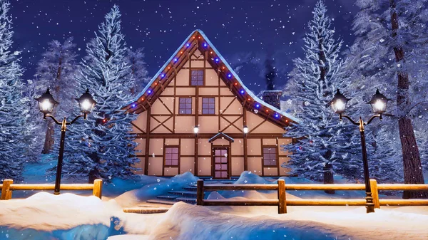 Paesaggio Invernale Tranquillo Con Accogliente Casa Rurale Graticcio Illuminato Tra — Foto Stock