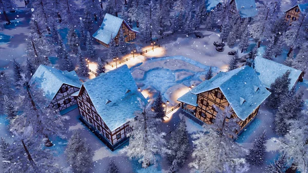 Top down view of cozy snow covered european village high in snowy alpine mountains with half-timbered houses at snowfall winter night. With no people 3D illustration from my own 3D rendering file.