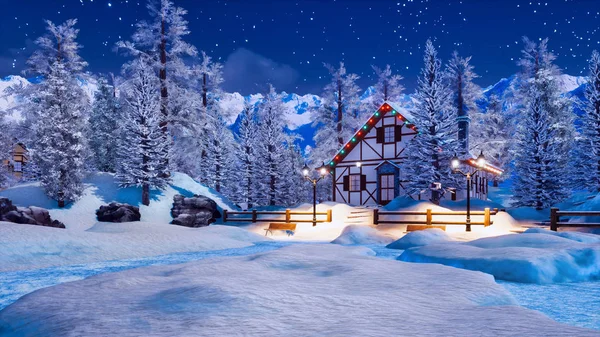 Hófúvásából Megvilágított Vidéki Faszerkezet Között Borított Alpesi Hegyek Magas Fenyők — Stock Fotó