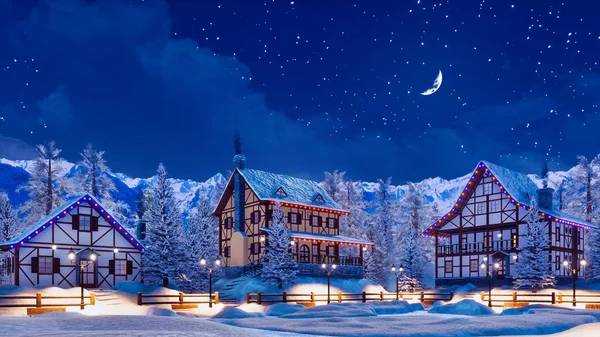 星空の三日月と冬の夜にクリスマス ライトに照らされた木組みの家とアルプス山脈の間でヨーロッパ町の積雪 私自身の レンダリングのファイルから イラスト — ストック写真