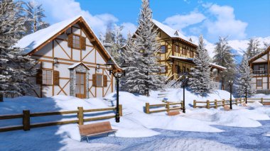 Rahat kar sakin kış gününde alp köyde yüksek karlı dağlar geleneksel Avrupa yarı ahşap evleri ile kaplı. 3d render dosyamın yok insanlar 3d çizim-ile.