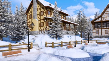 Geleneksel yarı ahşap Avrupa kırsal ev kar arasında çam ağaçları yüksek karlı Alp Dağları'nda güneşli kış gününde kaplı. 3d render dosyamın yok insanlar 3d çizim-ile.