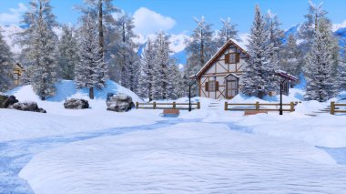 Rahat kar kaplı kar köknar ağaçları yüksek karlı Alp Dağları arasında yarı ahşap kırsal ev soğuk kış gününde kaplı. 3d render dosyamın yok insanlar 3d çizim-ile.