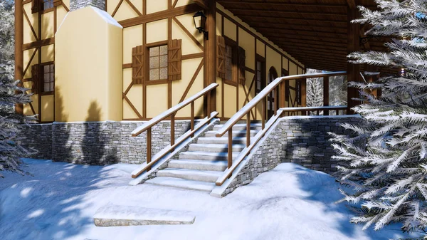 Снег Покрыл Ступеньки Входе Традиционный Европейский Полудеревянный Сельский Дом Альпийской — стоковое фото