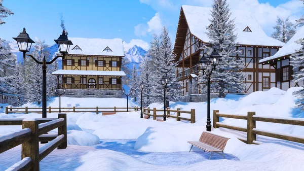 Cozy Snow Covered European Township High Snowy Alpine Mountains Traditional — Stock Photo, Image