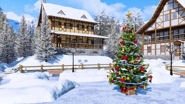 Outdoor Decorated Christmas Tree Snow Covered Square Cozy Alpine Mountain — Stock Photo, Image