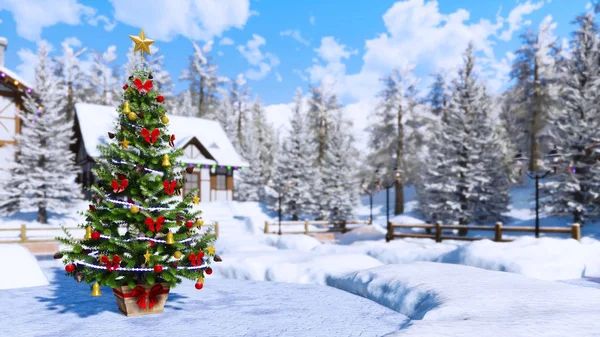 在晴朗的冬日里 在背景下 由金色的星星和闪亮的小东西装饰的户外圣诞树 与模糊的乡村风景对着干 我的3D 渲染文件中的节日3D — 图库照片