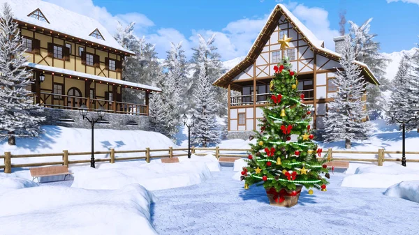 Outdoor decorated Christmas tree on square of cozy snowbound alpine mountain township with half-timbered houses at frosty winter day. With no people 3D illustration from my own 3D rendering file.
