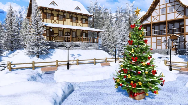 Outdoor decorated Christmas tree on square of snow covered alpine mountain village with traditional european half-timbered houses at clear winter day. 3D illustration from my own 3D rendering file.