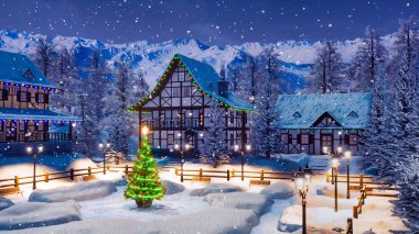 Açık havada Xmas ağacı Noel ışıkları boş grubunu meydanda rahat alp dağ İlçesi karlı kış geceleri süslenmiş. Hiçbir insan şenlikli 3d çizim ile 3d render dosyamın.