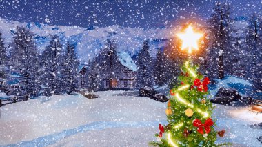 Açık Noel ağacının üstünde parlak yıldız tarafından dekore edilmiş ve garland ışıkları ile bulanık kar kar yağışı, arka planda kırsal manzara kış gecesi kaplı. 3d render dosyamın 3D çizim.