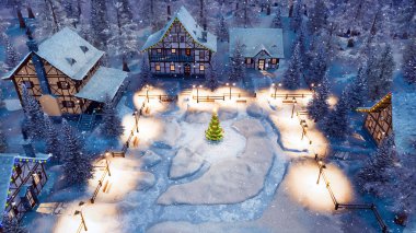 Rahat kar hava görünümünü Avrupa köyü yarı ahşap evleri ile kaplı ve Noel ağacı grubunu meydanında karlı kış geceleri dekore edilmiştir. 3d render dosyamın şenlikli 3d çizim.