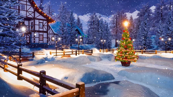 木骨造りの家 降雪で積雪の広場にイルミネーション クリスマス ツリーと雪に覆われた山脈の高い居心地の良い高山町での魔法のクリスマスの夜 私自身の レンダリングのファイルから イラスト — ストック写真