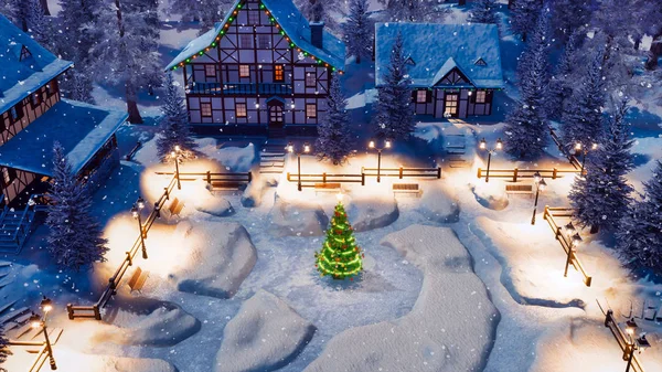 Top down view of snow covered european village high in mountains with half-timbered houses and decorated Christmas tree on square at snowfall winter night. 3D illustration from my 3D rendering file.