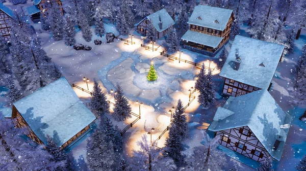 Top down view of snow covered european village high in alpine mountains with half-timbered houses and decorated Christmas tree at snowfall winter night. 3D illustration from my own 3D rendering file.