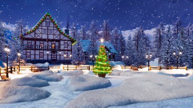 Grubunu alp dağ town ışıklı yarı ahşap evleri ile rahat ve Noel ağacı kar yağışı sırasında sihirli kış geceleri dekore edilmiştir. 3d render dosyamın şenlikli 3d çizim.