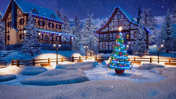 Magical Christmas Night Cozy Alpine Village High Snowy Mountains Half — Stock Photo, Image