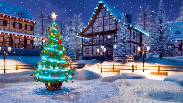 Outdoor Christmas tree decorated by luminous star and Xmas lights garland with defocused rural landscape on background at snowfall winter night. Festive 3D illustration from my own 3D rendering file.