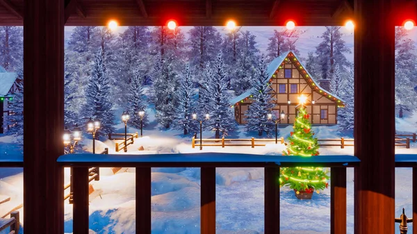 마법의 크리스마스 조명된 하우스와 보상과 광장에 크리스마스 트리를 테라스 렌더링 — 스톡 사진