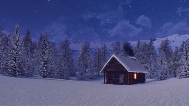 Cabaña Troncos Solitaria Con Chimenea Humeante Ventana Iluminada Entre Bosque — Vídeos de Stock