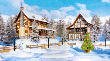 Dekoratif suluboya kış manzarası ile açık Noel ağacı rahat alp dağ Town yarı ahşap evleri ile karla kaplı meydanında. Dijital sanat kendi 3d render dosyadan resim.