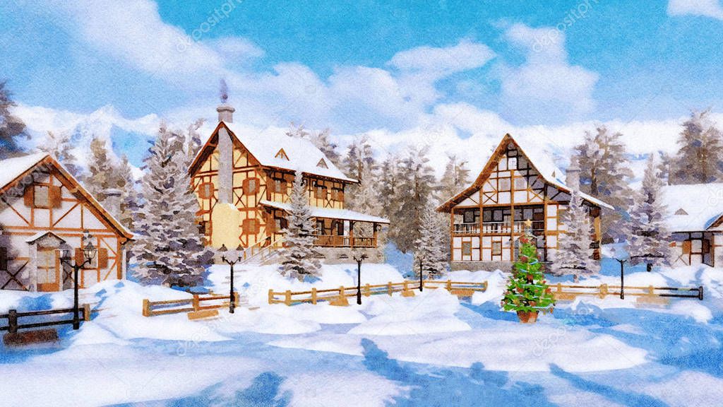 Winter landscape in watercolor style with decorated Christmas tree on square of snowbound alpine mountain village with half-timbered houses at daytime. Digital art painting from my 3D rendering file.