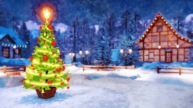 Açık Noel ağacı ile arka plan üzerinde bulanık kırsal manzara parlak yıldız ve ışıklar garland tarafından karlı kış geceleri dekore edilmiştir. Dijital sanat 3d render dosyamın suluboya resim.