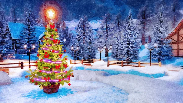 Dekorative Landschaft Aquarell Mit Weihnachtsbaum Geschmückt Mit Lichtergirlanden Vor Schneebedecktem — Stockfoto