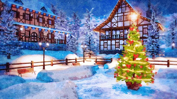 Dekorativní Krajina Akvarel Venkovní Vánoční Stromek Zdobený Věnec Světel Zasněžené — Stock fotografie