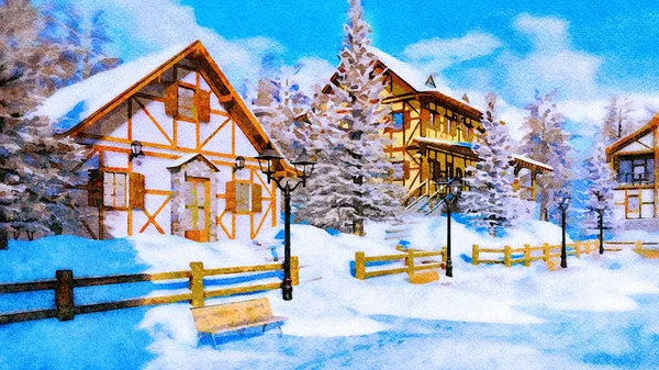 Cozy Snow Covered Alpine Village High Mountains Traditional European Half — Stock Photo, Image