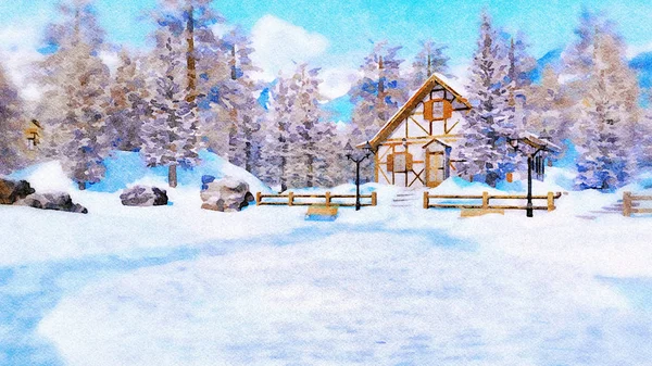 Dekoratív Téli Táj Akvarell Hangulatos Hóval Borított Vidéki Faszerkezet Hóval — Stock Fotó