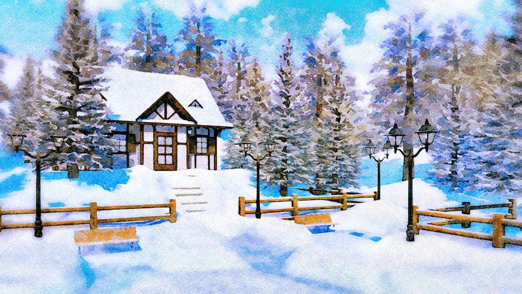 Decorative winter landscape in watercolor style with cozy snowbound half-timbered alpine rural house among snow covered pine trees at frosty day. Digital art painting from my 3D rendering file.