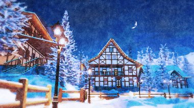 Noel ışıkları ve sokak lambaları tarafından kış geceleri aydınlatılan yarı ahşap evleri ile Alp Dağları arasında grubunu Avrupa kasaba. Dijital sanat 3d render dosyamın suluboya resim.