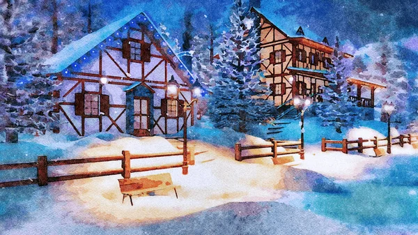 Przytulne Śniegiem Alpejska Wioska Wysoki Górach Szachulcowe Domy Boże Narodzenie — Zdjęcie stockowe