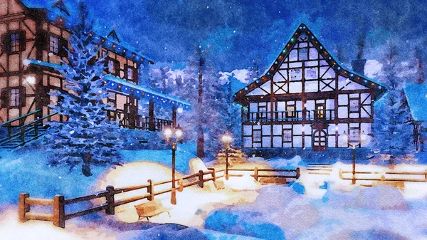 Vinter Landskap Akvarell Mysiga Alpina Bergsstad Med Belysta Korsvirkeshus Och — Stockfoto