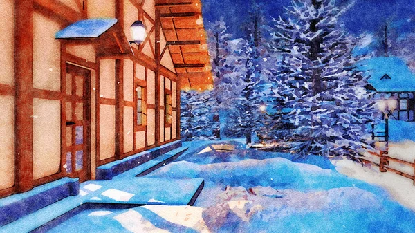 Sneeuw Bedekt Ingang Van Verlichte Landelijke Vakwerkhuis Alpine Bergdorp Magische — Stockfoto