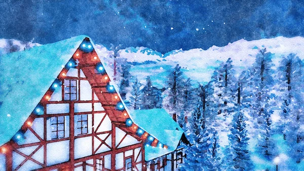 雪覆盖的屋顶和半木结构的农村房屋的阁楼 在冬天的夜晚 在高山上被高高的圣诞灯火照亮 数字艺术水彩画从我的3D 渲染文件 — 图库照片