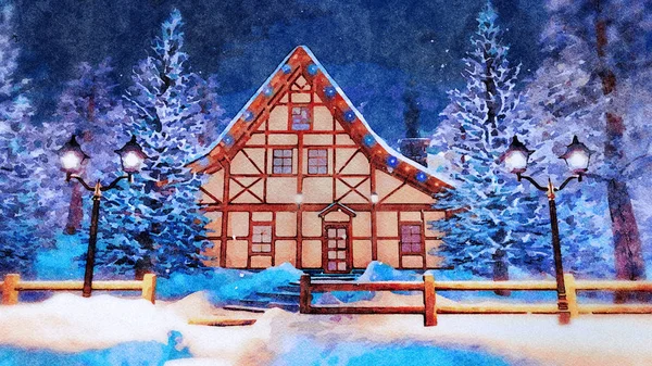 Dekorative Winterlandschaft Aquarell Mit Gemütlichem Beleuchteten Fachwerkhaus Inmitten Schneebedeckter Tannen — Stockfoto