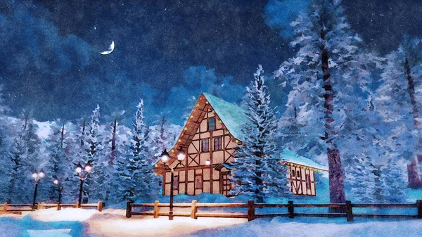 雪の中で居心地の良い積雪の木骨造り民家と夢のようなシーンは 穏やかな冬の夜にアルプス山脈の高いモミの木を覆われています のレンダリングのファイルからデジタル アート水彩画 — ストック写真